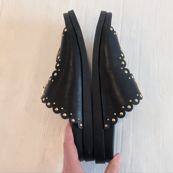 AMERICAN EAGLE Women's Gold Studded Double-Buckle Black Slide Sandals Size 9 - Picture 5 of 10